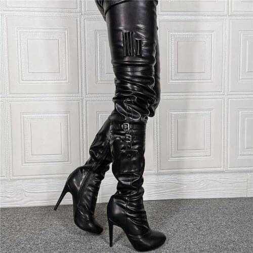 MKKHOU Fashion Over-the-knee Boots Women New Black Round Head Pleated Belt Buckle Stiletto 12cm High Heel Boots Lady High Boots