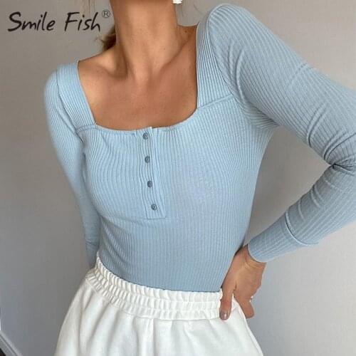 Light Blue Black Autumn Buttons Sexy Bodysuit Women Long Sleeve Bodycon Rompers Women Autumn Bodysuit Evening Club Outfits G1966