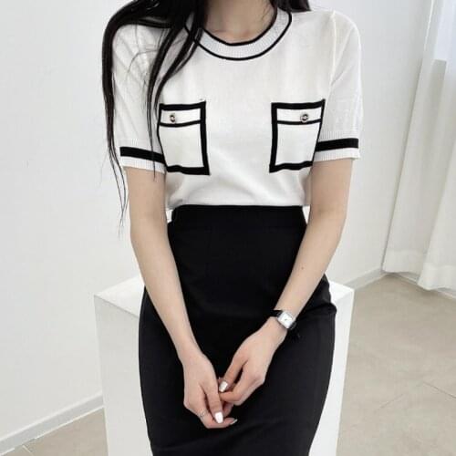 New 2021 Summer Casual Solid Buttons Sweater Womens Pullover O-neck Short Sleeve Runway Design Jumper Knit T Shirt