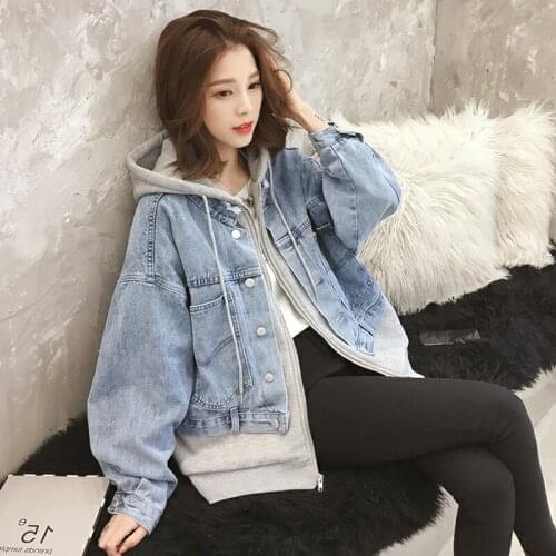 Women coat Autumn womens Hooded Sweater Korean new denim jacket womens splicing loose fake two-piece top Womens jacket