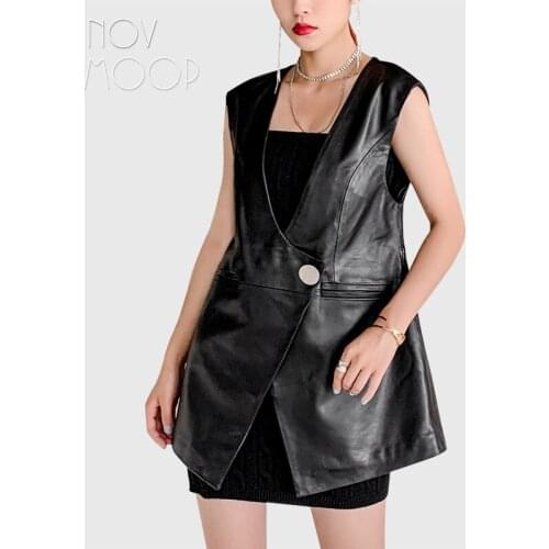 Novmoop sheepskin women vest genuine leather top office lady wear one button closure elegant chic formal Gilet en cuir LT3554