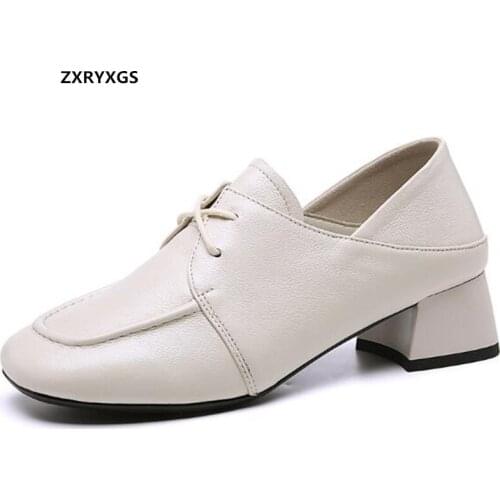 2021 Lace-up Square Toe Head Layer Cowhide Women Leather Shoes High Heels Soft Sole Loafers Shoes Comfortable Small Plus Size