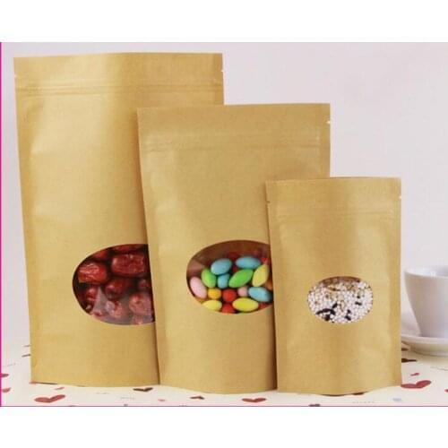 500pcs/lot Stand Up Clear Oval Window Bag/ Kraft Paper Brown Ziplock BAG/ Food Valve Bag