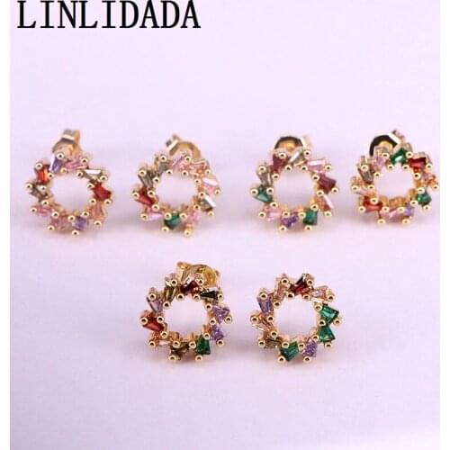 8Pair Gold Filled Paved Colorful CZ Round Circle Stud Earrings Women/Girls Jewelry