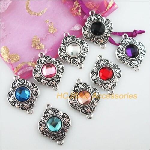 8Pcs Tibetan Silver Tone Flower Retro Round Mixed Crystal Charms Connectors 23.5x30mm