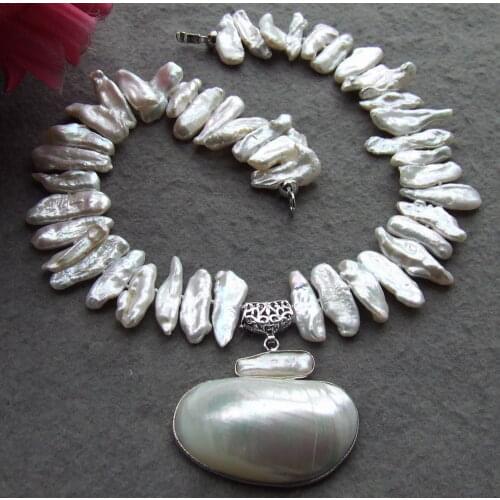 White Shell Pendant 25mm Biwa Pearl Necklace AAAAAA Free shipping