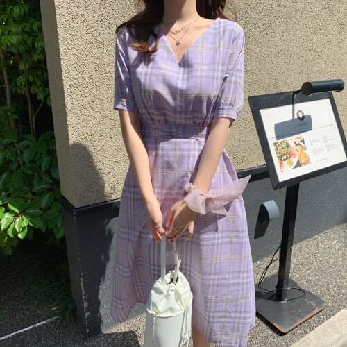Plus size New Summer Dress Girls Boho Party Female Vintage Dress purple plaid lace up Short Sleeve Women Dresses Robe Vestido