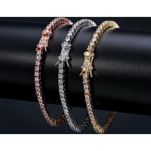 3mm 7"-8" AAA+ Cubic Zirconia Tennis Bracelet for Men Women Hip Hop Jewelry Iced Out 1 Row Bling Gold CZ Charms Bracelets