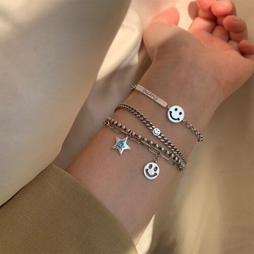 S925 Sterling Silver Bracelet for Women Hip Hop Punk Student Smile Bracelet Jewelry Wholesale