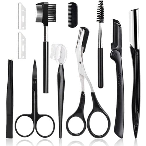 Black Eyebrow Trimming Scissors Stainless Steel Tweezers Eyebrow Scraping Eyebrow Comb Razor Eyebrow Clip Makeup Tools Sets