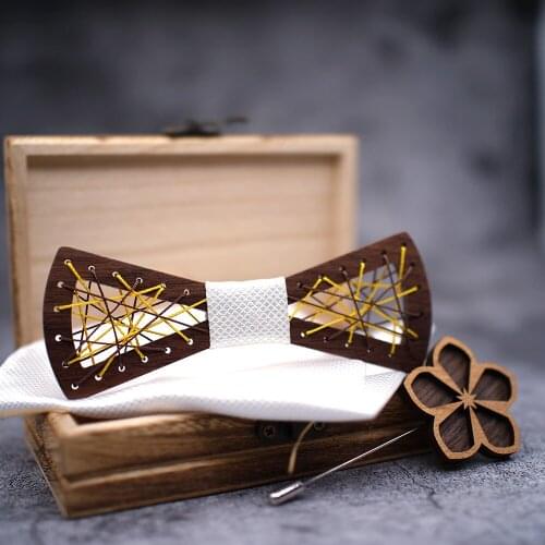 Personality Wooden Bow Tie Set for Mens Handkerchief Wood Bowtie Brooches Wedding Party Cravate Homme Noeud Papillon