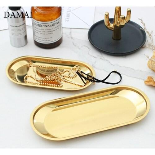 Gold Inlay Stainless Steel Trays European Modern Golden Jewelry Cosmetic Display Storage Tray Desktop Key Sundries Organizer