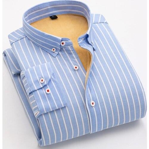Mens Winter Thick Velvet Warm Plaid Dress Shirt For Men Cotton Oxford Casual Long Sleeve Male Fleece Lined Soft Flannel Shirts
