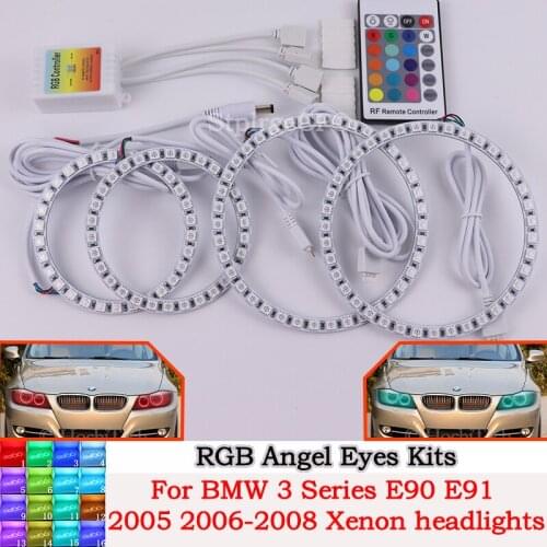 DRL Angel Eyes LED RGB CCFL SMD Headlight 4 Ring Set for BMW 3 Series E90 E91 2005 2006 2007 2008 Xenon Headlights Accessories