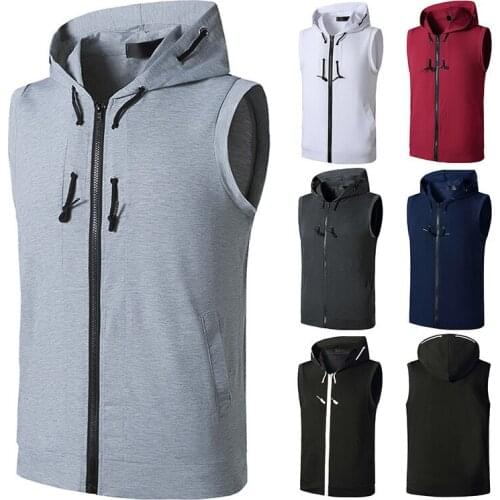 2021 Summer New Cardigan Bodybuilding Sports Sleeveless T-shirt Mens European Hooded Mens Hoodie