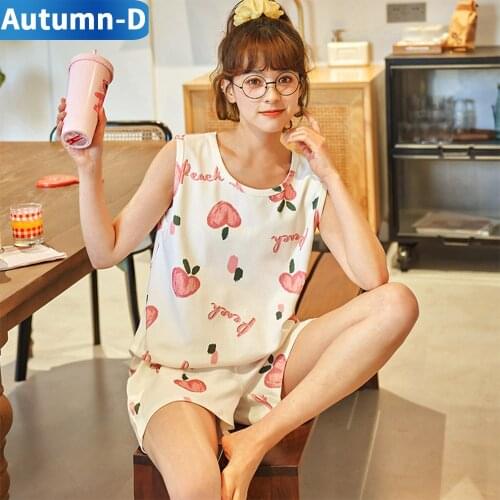 Autumn-D Pajamas Sets Summer Leisure Loose And Comfortable Pink Cotton For Woman Sleepwear Cartoon Homewear Vest Shorts