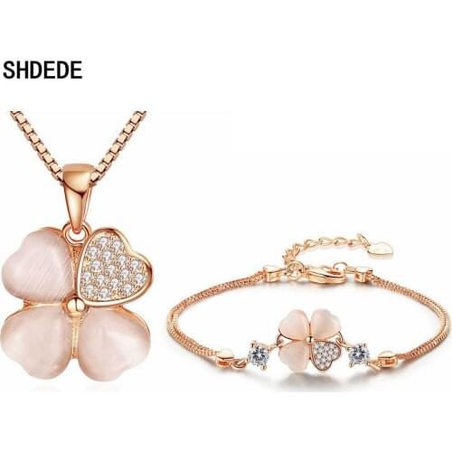 SHDEDE Heart Four Leaf Clover Pendant Necklace Bracelets Jewelry Set For Women Cubic Zirconia Fashion Accessories Gift +WH12