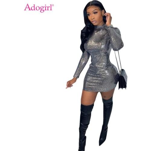 Adogirl Sexy Shining Backless Party Mini Dress Mock Neck Long Sleeve Bodycon Short Vestidos Autumn Female Night Club Robes