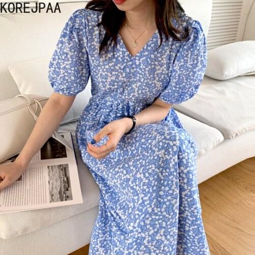 Korejpaa Women Dress 2021 Summer Elegant Temperament V-Neck Full-Screen Floral Design Lace-Up Waist Slimming Puff Sleeve Vestido