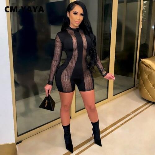 CM.YAYA Active Mesh See Though Patchwork Long Sleeve Bodycon Playsuit Women Sexy Club Party One Piece Overall Romper 2021 New