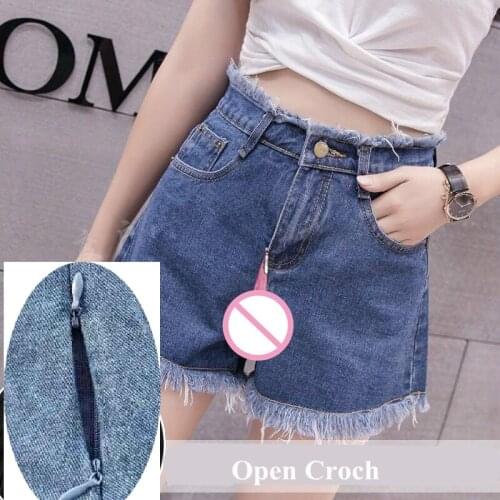 Outdoor Sex Pants For Women Summer Denim Trousers Shorts High Waist Jeans Plus Size Open Croch Double Zipper Exotic Sexy Clothes