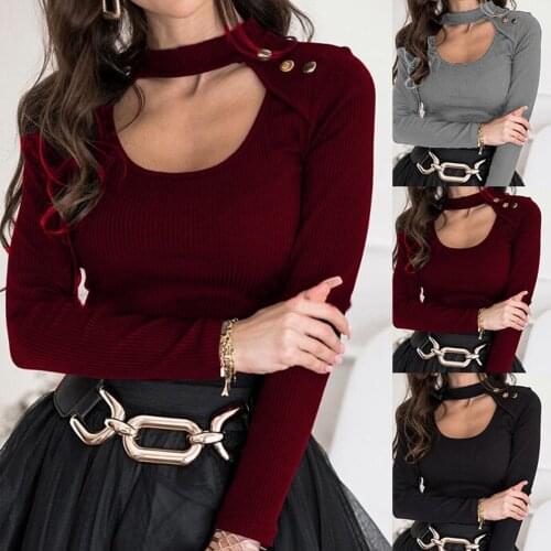 Women T-shirt Fashion Long Sleeve Buttons Solid Color Slim Knitwear Halter T Shirt Female Tee Shirt