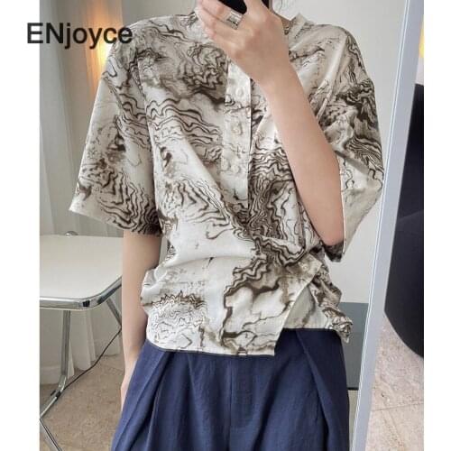 Retro Marble Printed Designer Shirts Women 2021 Summer Korean Style Casual Loose Short Sleeve Blouse Ladies Workwear Thin Shirt