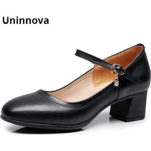 Women Mary Jane Med Heels Genuine Leather Shallow Hoof Heels Elegant Office Lady Court Shoes Black White Size 34-41 WP138