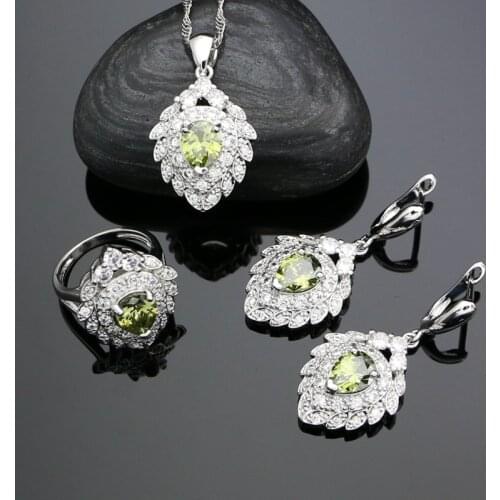 Silver 925 Bridal Jewelry Sets For Women Wedding Olive Green Cubic Zirconia White Crystal Earrings Ring Pendant Necklace Set