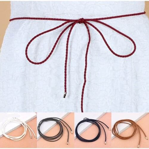 Braided Belt Women Waist Rope PU Leather Woven Knotted Straps Hand-knit Ultra-thin Waist Chain Alloy Pendant Solid Color