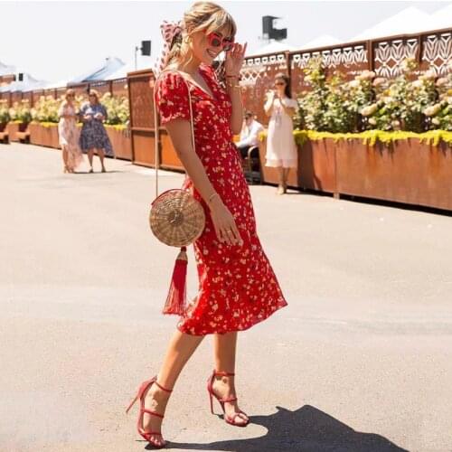 2021 Elegant Long Dress Red Ladies Puff Sleeve Floral Wrap V Neck Summer Korean Fashion Print Slit One-piece Clothes For Women