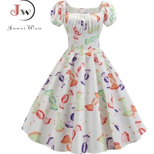 Women Summer Vintage Dress Floral Print Short Sleeve Elegant Party Retro Rockabilly Dress Plus Size robe longue White Midi