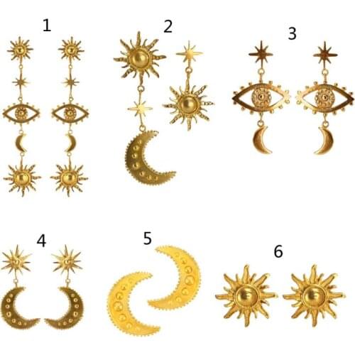 Gold Moon Star Stud Evil Eye Charm Pendant Drop Earrings Women Fashion Jewelry