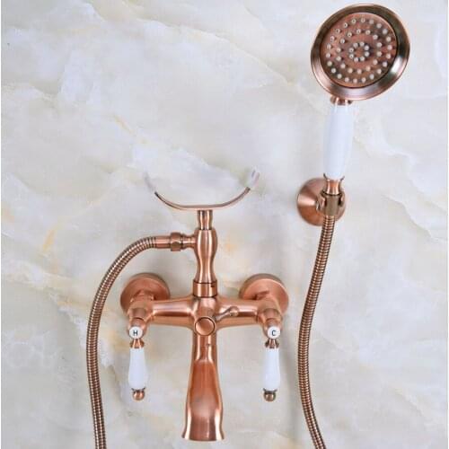 Antique Red Copper Wall Mounted Bathroom Tub Faucet Dual Ceramic Handles Telephone Style Hand Shower Clawfoot Tub Filler ana375