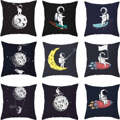 Cushion Cover Cartoon Moon Astronaut Print Peachskin Pillowcase Decorative Throw Pillow Covers Bed Home Decor Textile 45*45cm/Pc