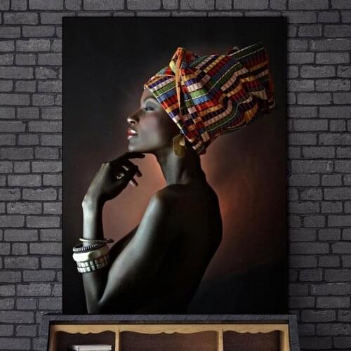 Black African Nude Woman Indian Headband Canvas Painting Portrait Wall Art Posters and Prints Scandinavian Pictures Home Design