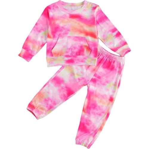 Pudcoco Baby Girl Tie-dye Wear Autumn Long Sleeve T-shirt with Large Pocket+Elastic Waist Trouser 2020 Girls Spring Clothes 1-7T