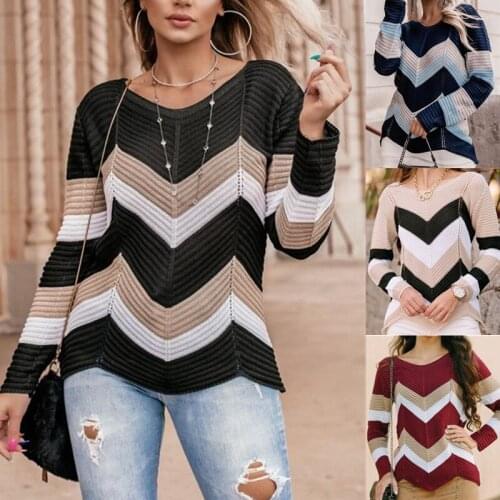 Elegant Autumn Contrast Wavy Women Fashion Lady Round Neck Casual Patchwork Design Sweater Knited Superior Mujer Pullover Tops