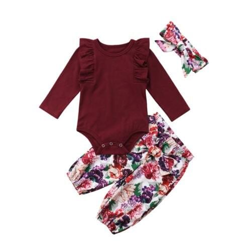 Princess girl clothes set fly sleeve romper +floral pants +headband clothes autumn wear 0-18m