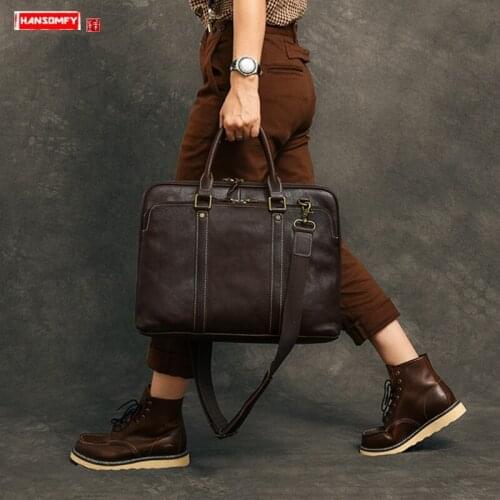 Retro Handmade Leather Mens Handbags 15.6-inch Laptop Bag Computer Bag Business High-grade Briefcase Shoulder Bags