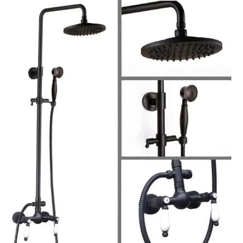 Black Oil Rubbed Brass Dual Ceramic Handle Bathroom 8 Inch Round Rain Shower Faucet Set Bath Mixer Tap Hand Shower mrs473