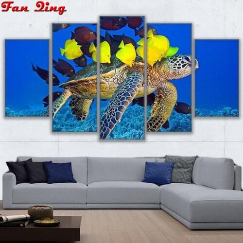 5 Pcs Full Square/Round Drill 5D DIY Diamond Painting Turtle And School Of Fish 3D Embroidery Cross Stitch Mosaic Home Decor