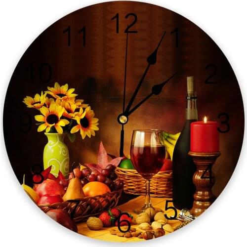 Vintage Country Style Fruit Food Wine Print Wall Clock Wall Art Silent Non ticking Round Wall Watch for Home Decortaion Gift
