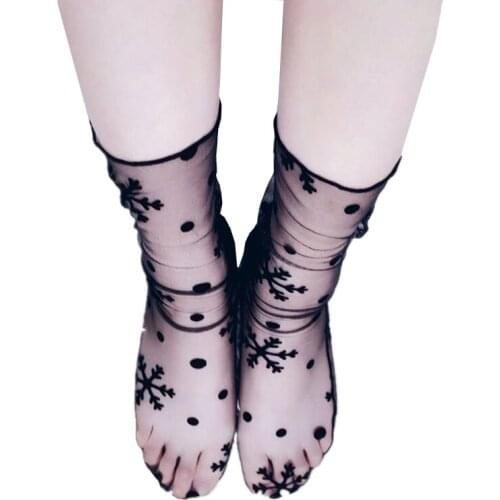 CUHAKCI Summer Sexy Polka Dot Lace Short Socks Fish Net Balck Ruffle Ankle Transparent Women Mesh Hosiery