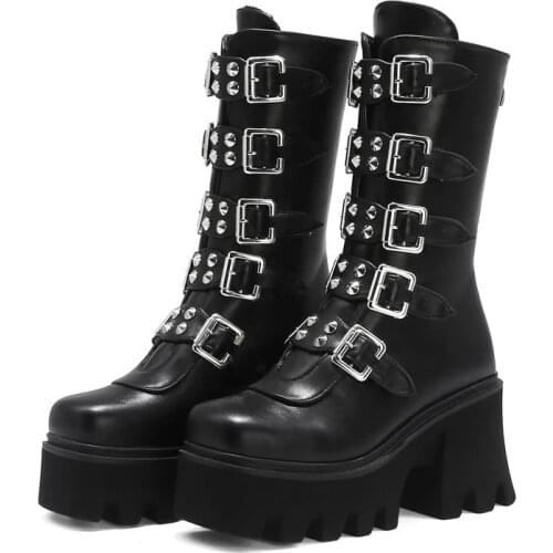 RASMEUP 2020 Winter Womens Platform Boots Black Buckle Strap zipper Creeper Wedges Shoes Mid Calf Military Combat Boots u542