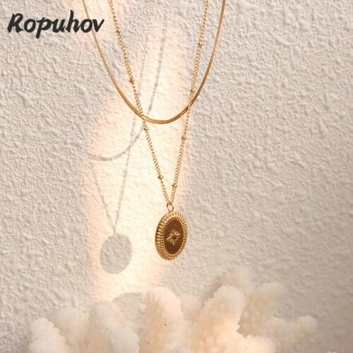 Ropuhov 2021 New 925 Silvery Needle European Jewelry Double Layer Blade Chain Clip Bead Oval Pendant Overlay Necklace Steel