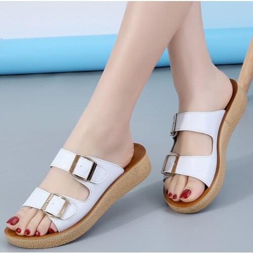 Cowhide Slippers Woman Summer Flat Soft Sole Student Shoes Casual Buckle Belt Sandals and Slippers Women Beach Shoes