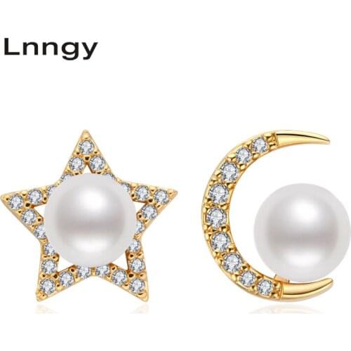 Lnngy New 14K Gold Filled Star & Moon Female Stud Earrings 5.5-6mm Natural Freshwater Pearl Asymmetric Earrings Jewelry Gifts