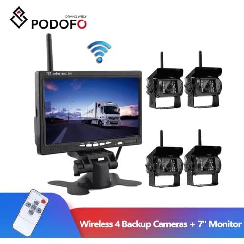 Podofo 7" Wireless Car Monitor Backup Camera System Rearview Screen 4 Rear View Cameras IR Night Vision Waterproof For Bus Truck