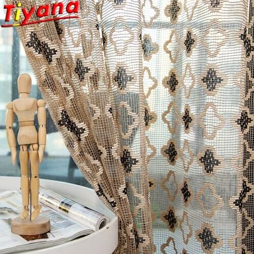 Modern Coffee/Grey Four-Leaf Clover Birds Nest Tulle Curtains for Living Room Art Grid Yarn for Bedroom Balcony HM678#VT
